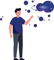 Person interacting with cosmic elements in a flat, colorful design illustration vector