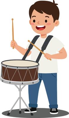 Young boy playing drums happily in flat illustration style