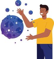 Person interacting with colorful planets in flat illustration style vector