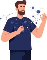 Man interacting with cosmic elements in flat and minimal art vector