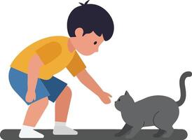 Boy reaching out to a cat in flat minimal illustration vector