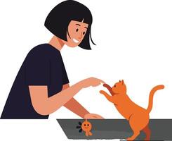 Woman interacting with playful cat in flat illustration style vector