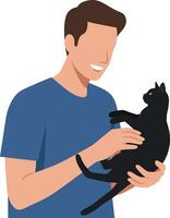 Man happily holding a black cat in a minimal flat design art vector