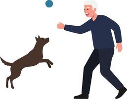 Dog playing fetch with elderly man in flat illustration style vector