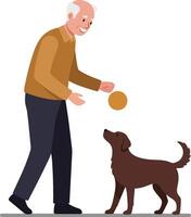 Elderly man playing with a dog in flat illustration style art vector