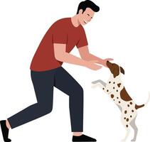 Happy man playing with a dog in a flat minimal illustration vector