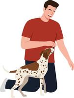 Happy man playing with a playful dog in minimal illustration vector