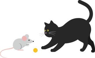Black cat chasing gray mouse in playful scene with minimal style art vector