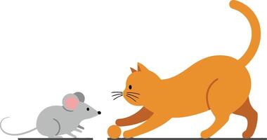 Cat and mouse interaction in playful chase flat illustration vector