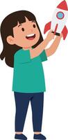 Child excitedly holding a colorful rocket in minimal flat art vector