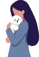 Woman hugging a fluffy dog in a minimal and colorful illustration vector