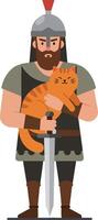 Knight holding a black cat in flat minimal art vector