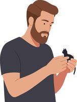 Man gently holding an orange cat in a minimal flat illustration vector