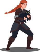 Warrior character holding a cat in a flat illustration style vector