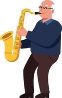 Elderly man playing saxophone in flat design art vector