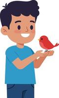 Boy holding a small red bird in a cheerful flat illustration vector