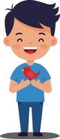 Happy boy holding a red bird in flat and cheerful art vector