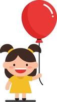 Happy child holding a bright red balloon in flat art style vector