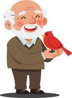 Happy elderly man holding a red bird in a minimal flat illustration vector