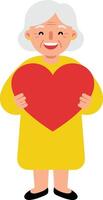 Happy elderly woman holding a large red heart in flat art vector