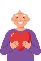 Happy elderly man smiling while holding a heart in flat illustration vector
