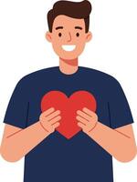 Young man smiling while holding a heart in flat art design style illustration vector