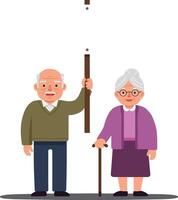 Elderly couple standing together with cane in flat art style vector