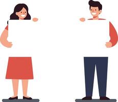 Engaging characters holding blank signs in minimal flat art style vector
