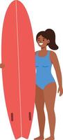 Surfer girl holding a red surfboard in flat design art vector