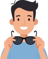 Young man smiling holding sunglasses in flat style art vector