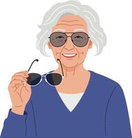Smiling elderly woman wearing sunglasses in minimal flat art vector