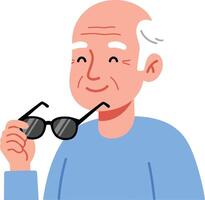 Elderly man smiling while holding sunglasses in flat art vector