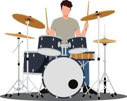 Drummer playing a detailed drum set in flat style illustration vector