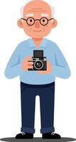 Elderly man holding a camera in flat and colorful illustration vector