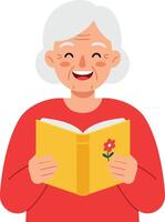 Happy elderly woman reading a yellow book with flower design in flat art vector