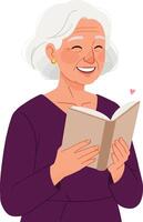 Happy elderly woman reading a book in flat illustration style vector