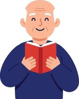 Elderly man smiling while reading a book in flat art vector