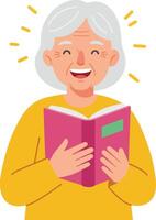 Happy elderly woman reading a book in a minimal, colorful illustration vector
