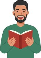Smiling man holding a book in green sweater flat art vector