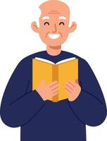 Happy elderly man reading a book in a flat and colorful illustration vector