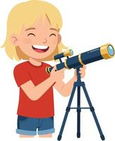 Happy child observing stars with telescope in flat colorful art vector