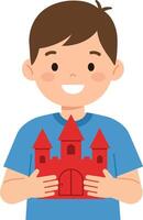 Happy child holding a red toy castle in a flat illustration vector