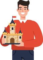 Man holding a small castle in a flat and colorful illustration vector