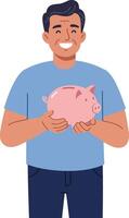 Man happily holding a piggy bank in a minimal flat design illustration vector