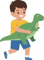 Happy child running with a toy dinosaur in flat art style vector