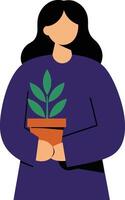 Woman holding a potted plant in flat minimal illustration vector