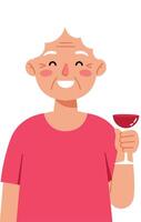 Smiling elderly man holding a glass of red wine in flat illustration vector