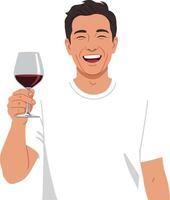 Happy man holding a glass of red wine in flat art style vector