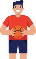 Happy basketball player holding an orange ball in a flat illustration vector