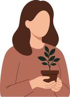 Woman holding a small plant in a pot, flat design illustration vector